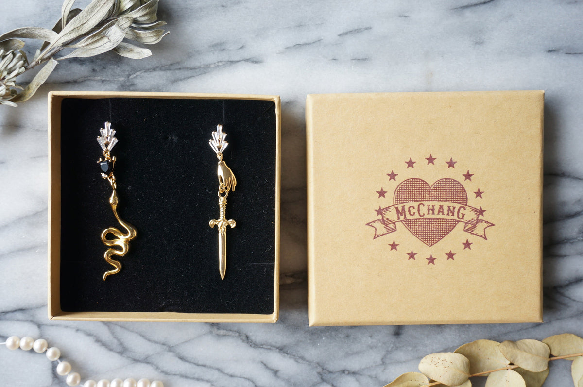 HERMES Gold/Silver Dagger and Serpent Mismatched Earrings/ Sword and Snake Earrings