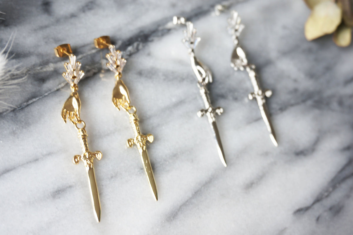 Gold/Silver/Gunmetal Queen of Swords Tarot Earrings / Dagger Earrings / Tarot hand earrings