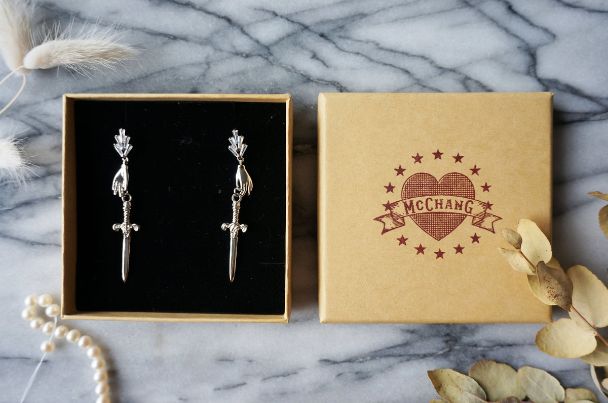 Gold/Silver/Gunmetal Queen of Swords Tarot Earrings / Dagger Earrings / Tarot hand earrings