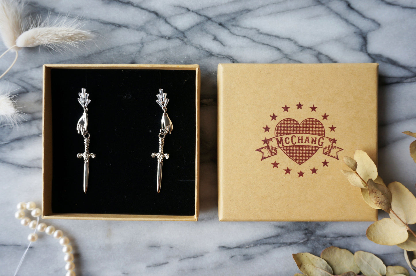 Gold/Silver/Gunmetal Queen of Swords Tarot Earrings / Dagger Earrings / Tarot hand earrings