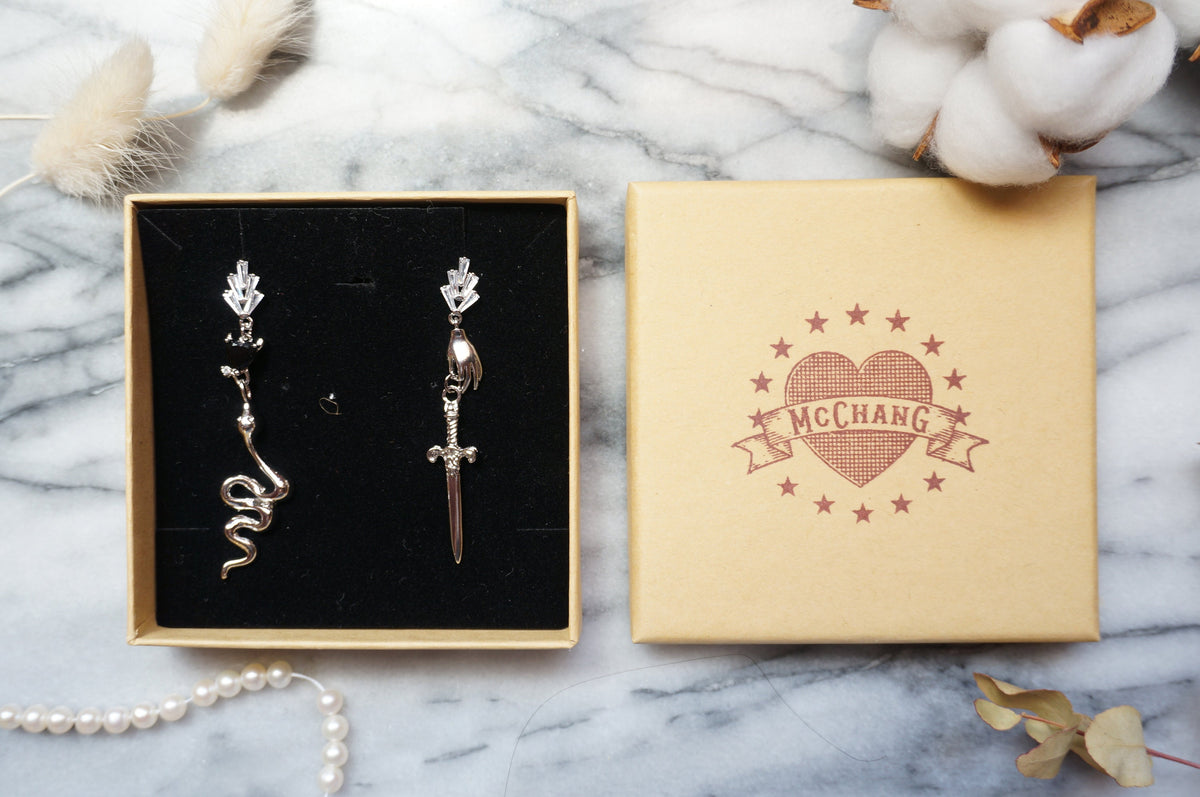 HERMES Gold/Silver Dagger and Serpent Mismatched Earrings/ Sword and Snake Earrings