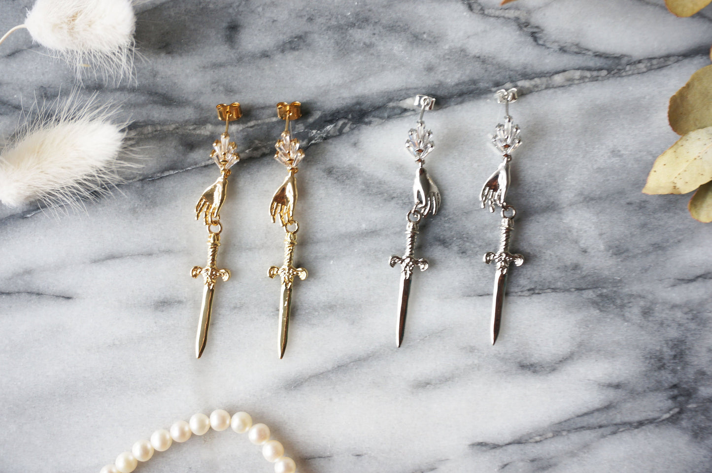 Gold/Silver/Gunmetal Queen of Swords Tarot Earrings / Dagger Earrings / Tarot hand earrings