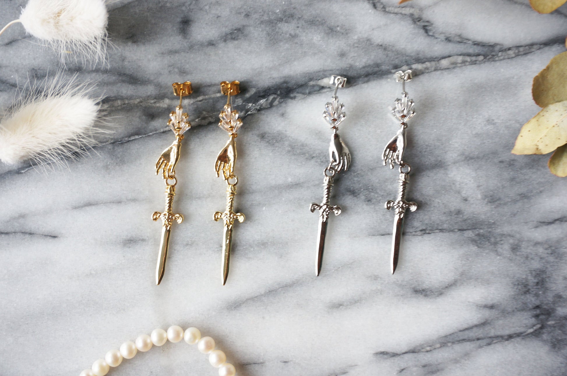 Gold/Silver/Gunmetal Queen of Swords Tarot Earrings / Dagger Earrings / Tarot hand earrings