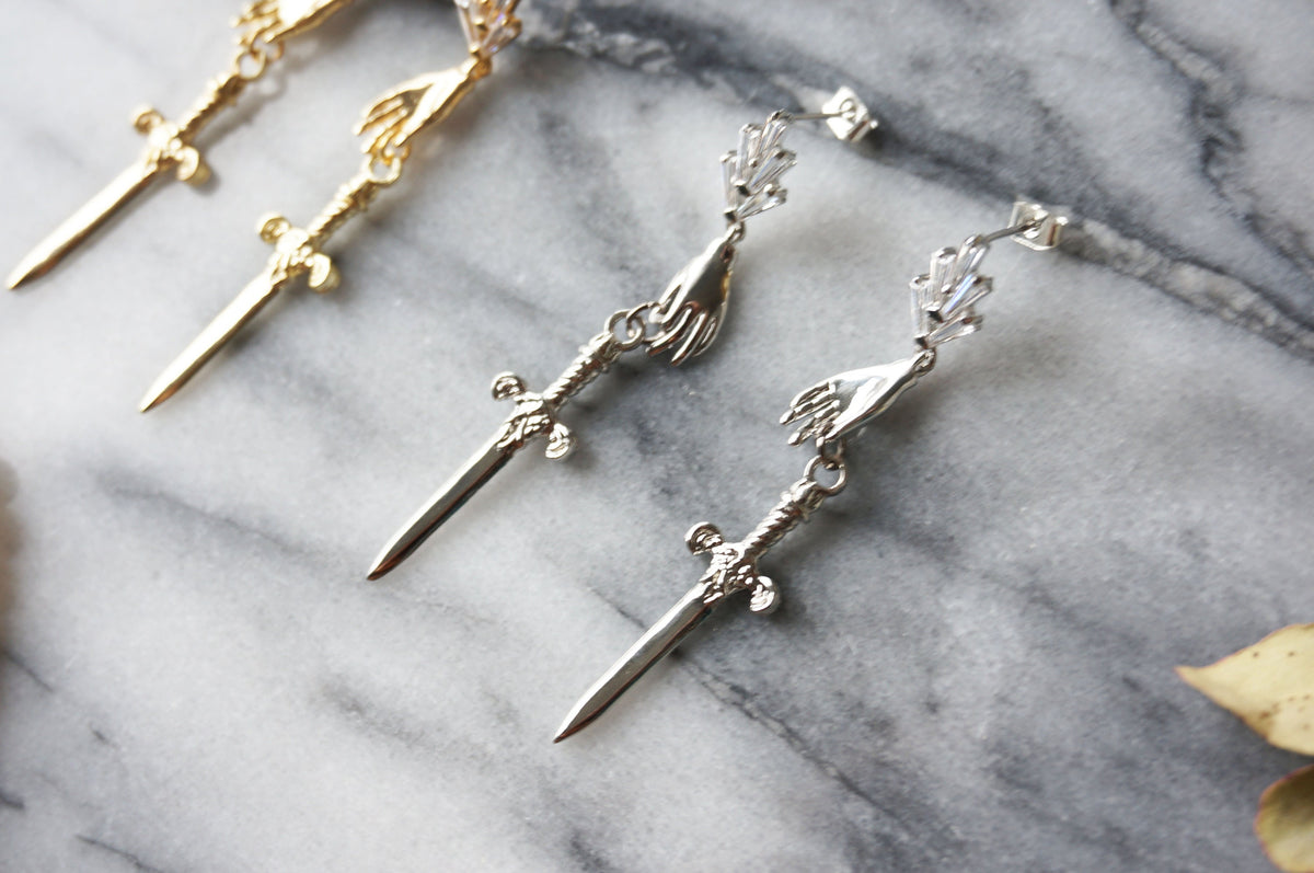 Gold/Silver/Gunmetal Queen of Swords Tarot Earrings / Dagger Earrings / Tarot hand earrings