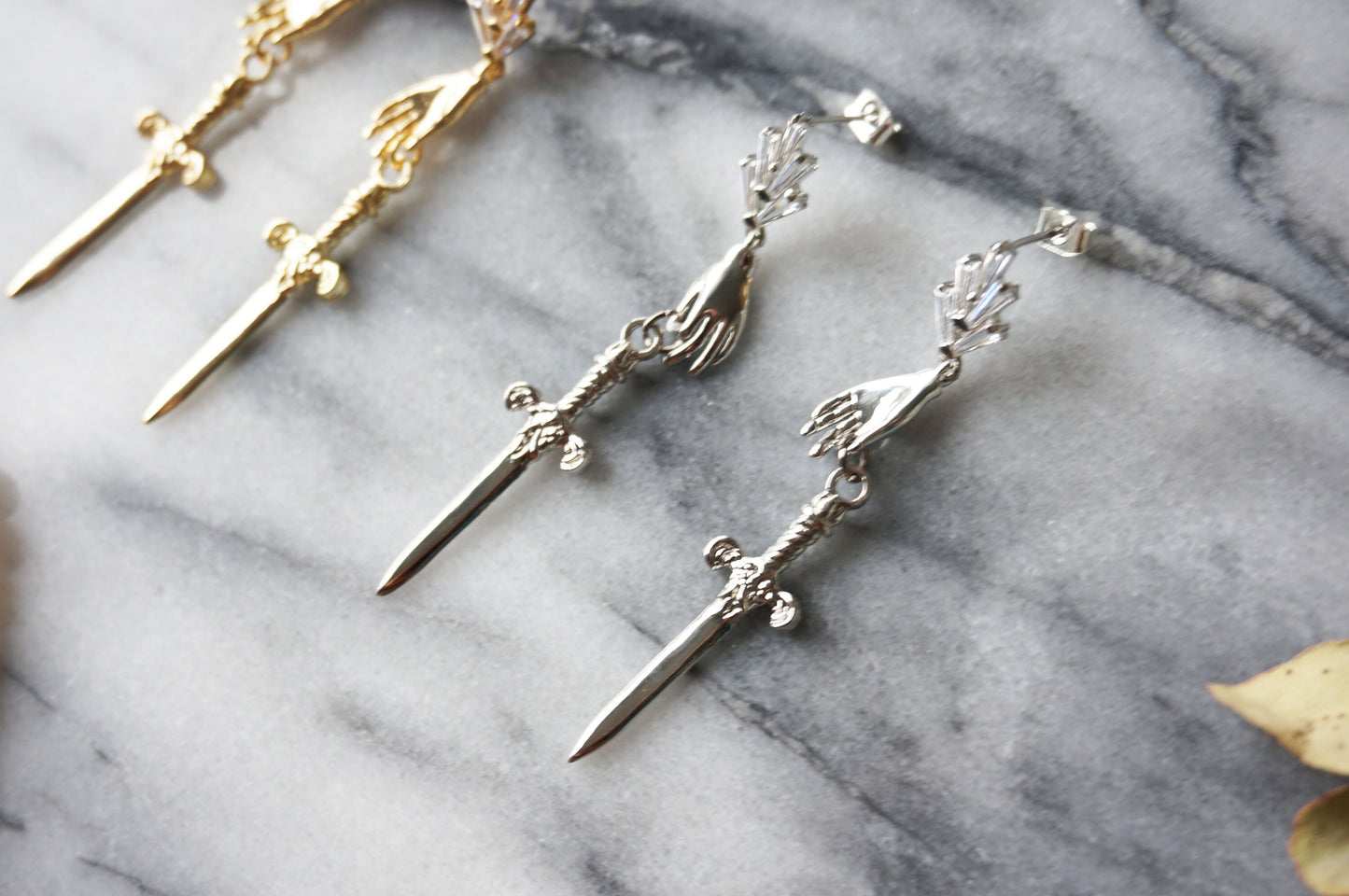 Gold/Silver/Gunmetal Queen of Swords Tarot Earrings / Dagger Earrings / Tarot hand earrings