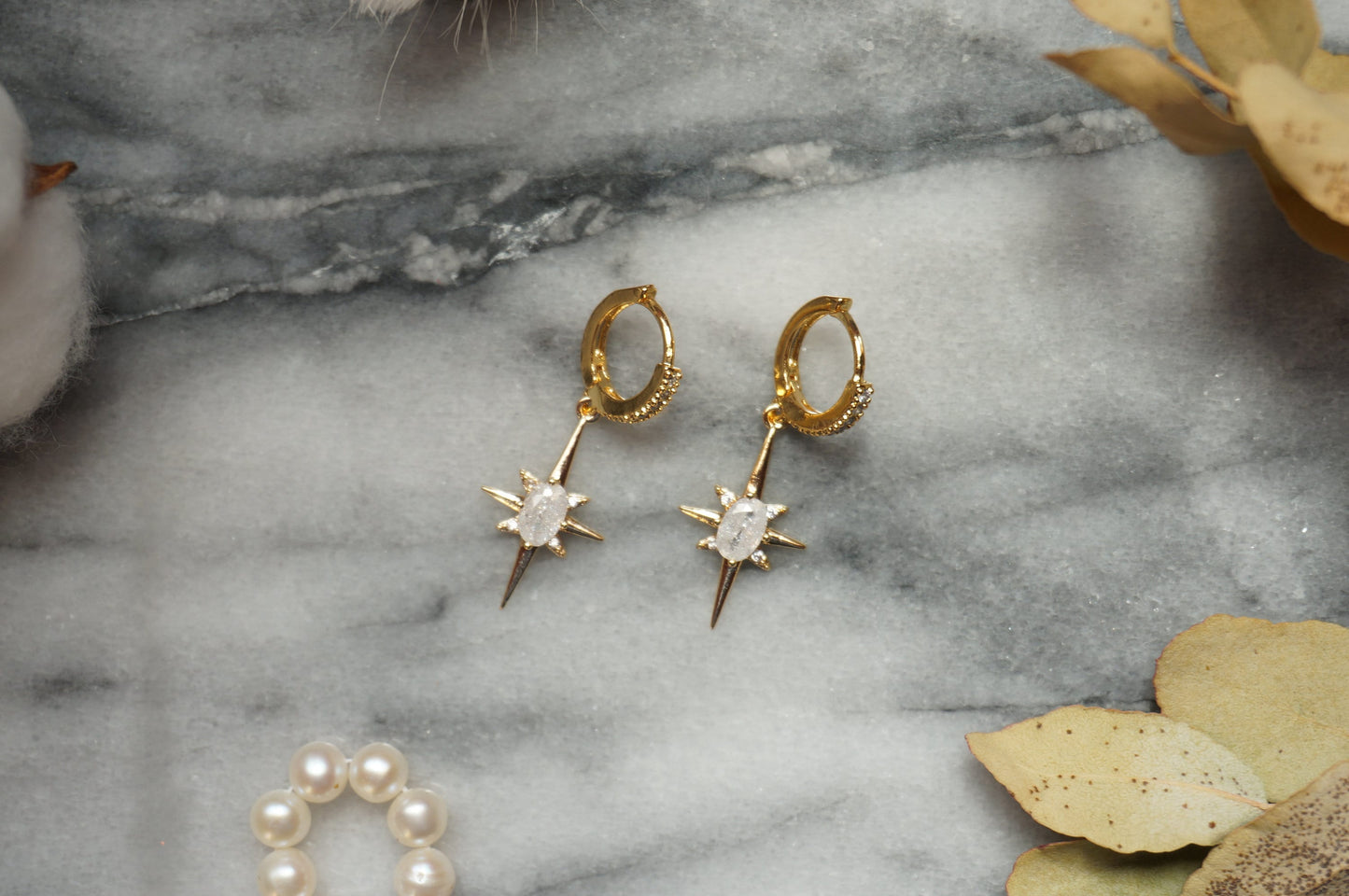 SELESTE North Star Opalite Huggie Hoop Earrings in Gold / Silver