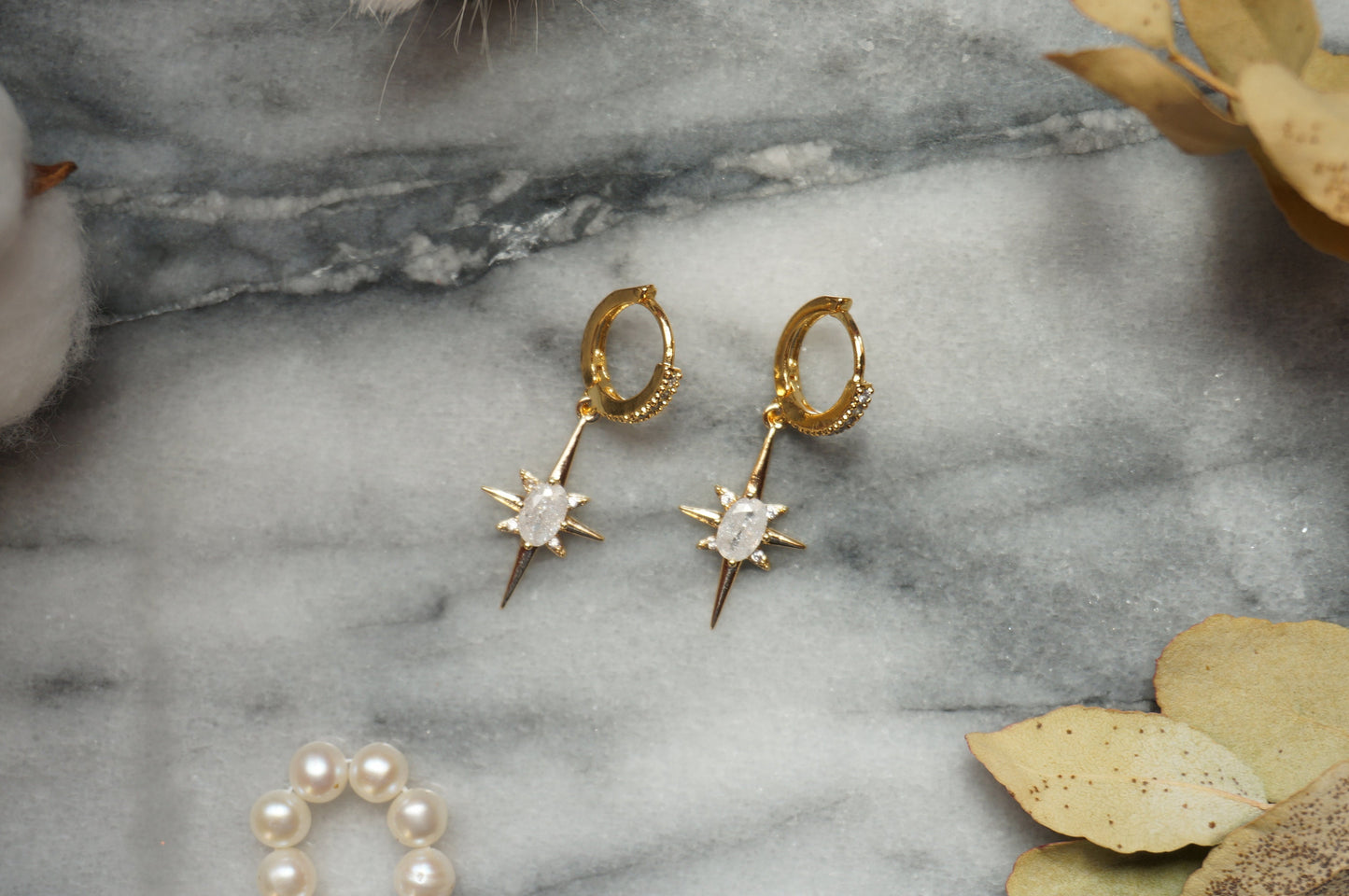 SELESTE North Star Opalite Huggie Hoop Earrings in Gold / Silver