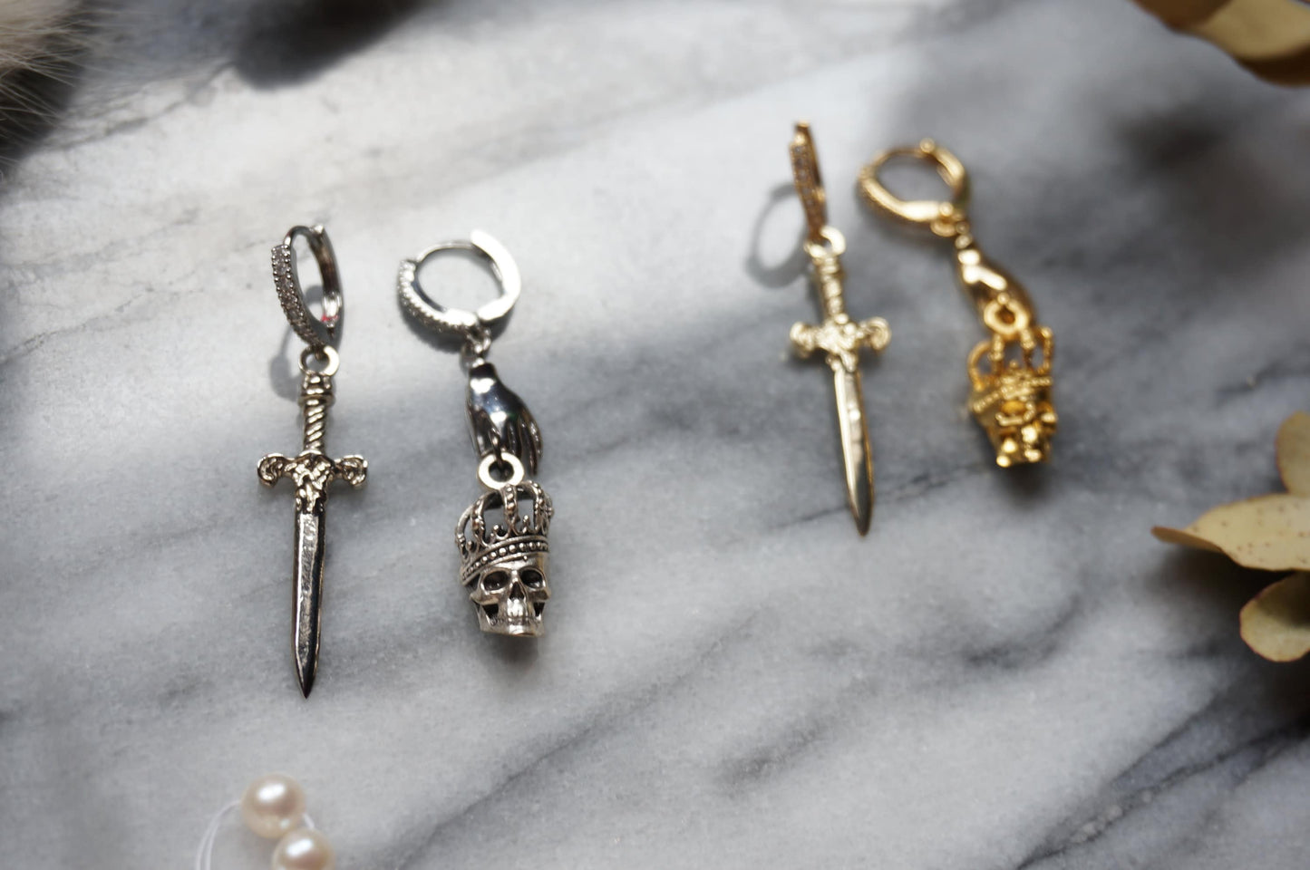 SPARROW Gold/Silver Dagger and Skull Mismatched Huggie Earrings/ Sword and Skull Earrings