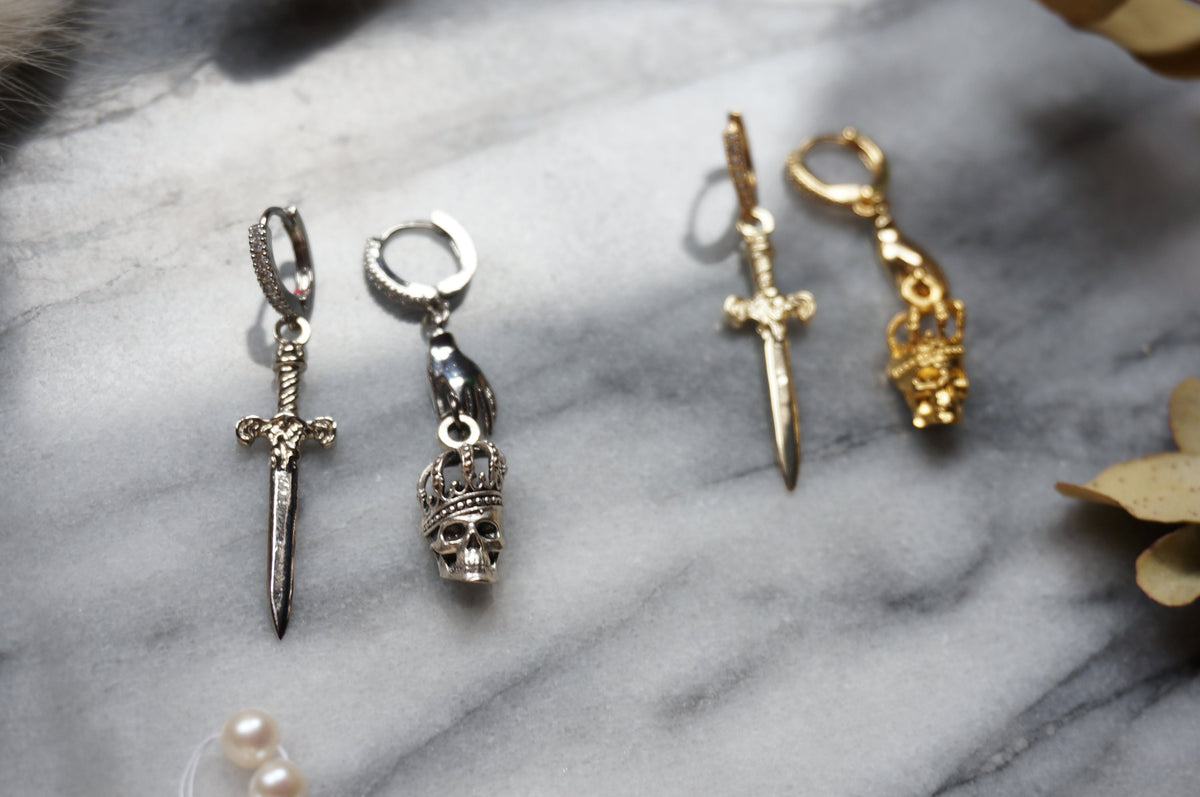 SPARROW Gold/Silver Dagger and Skull Mismatched Huggie Earrings/ Sword and Skull Earrings