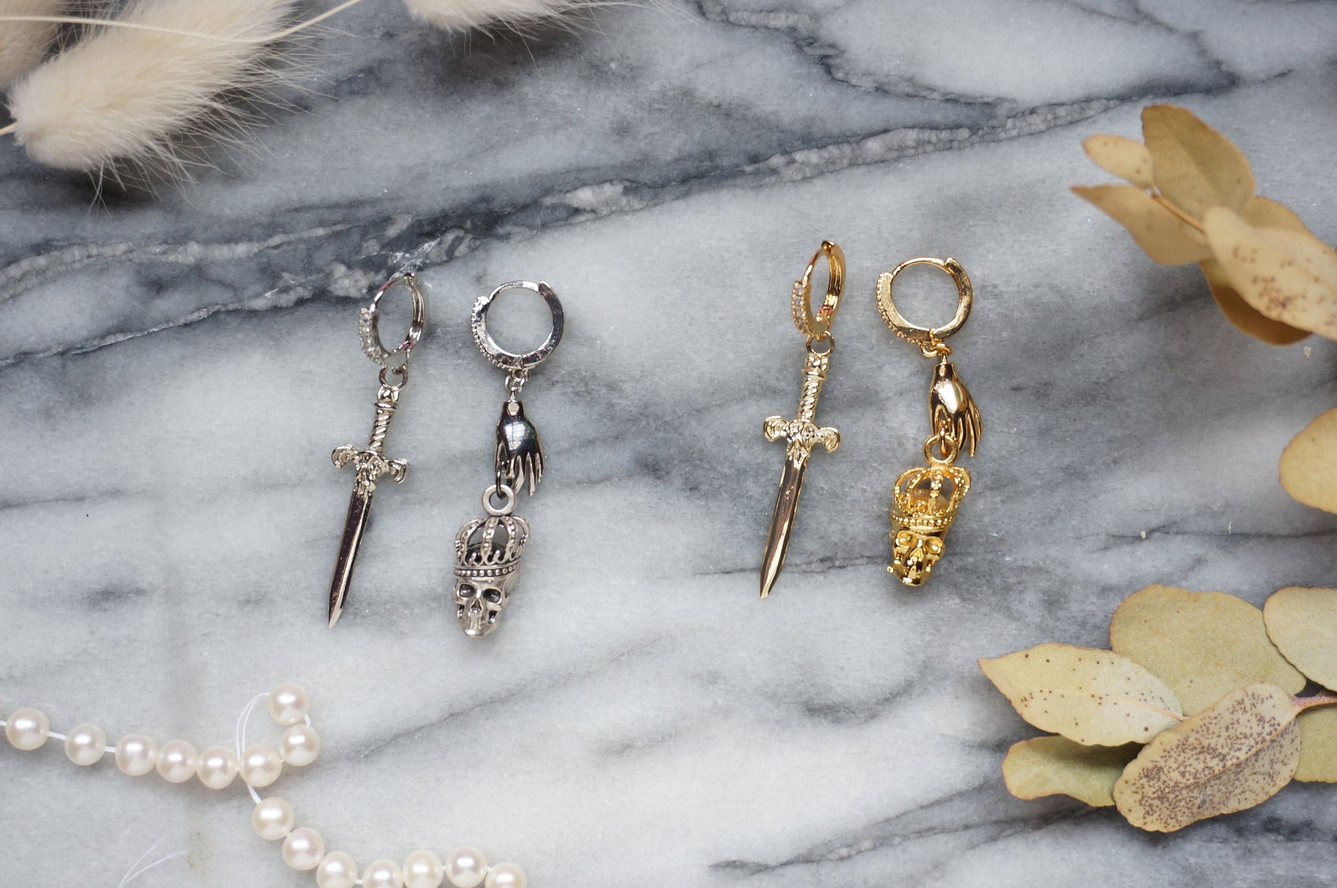 SPARROW Gold/Silver Dagger and Skull Mismatched Huggie Earrings/ Sword and Skull Earrings