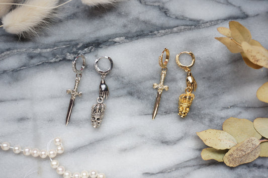 SPARROW Gold/Silver Dagger and Skull Mismatched Huggie Earrings/ Sword and Skull Earrings