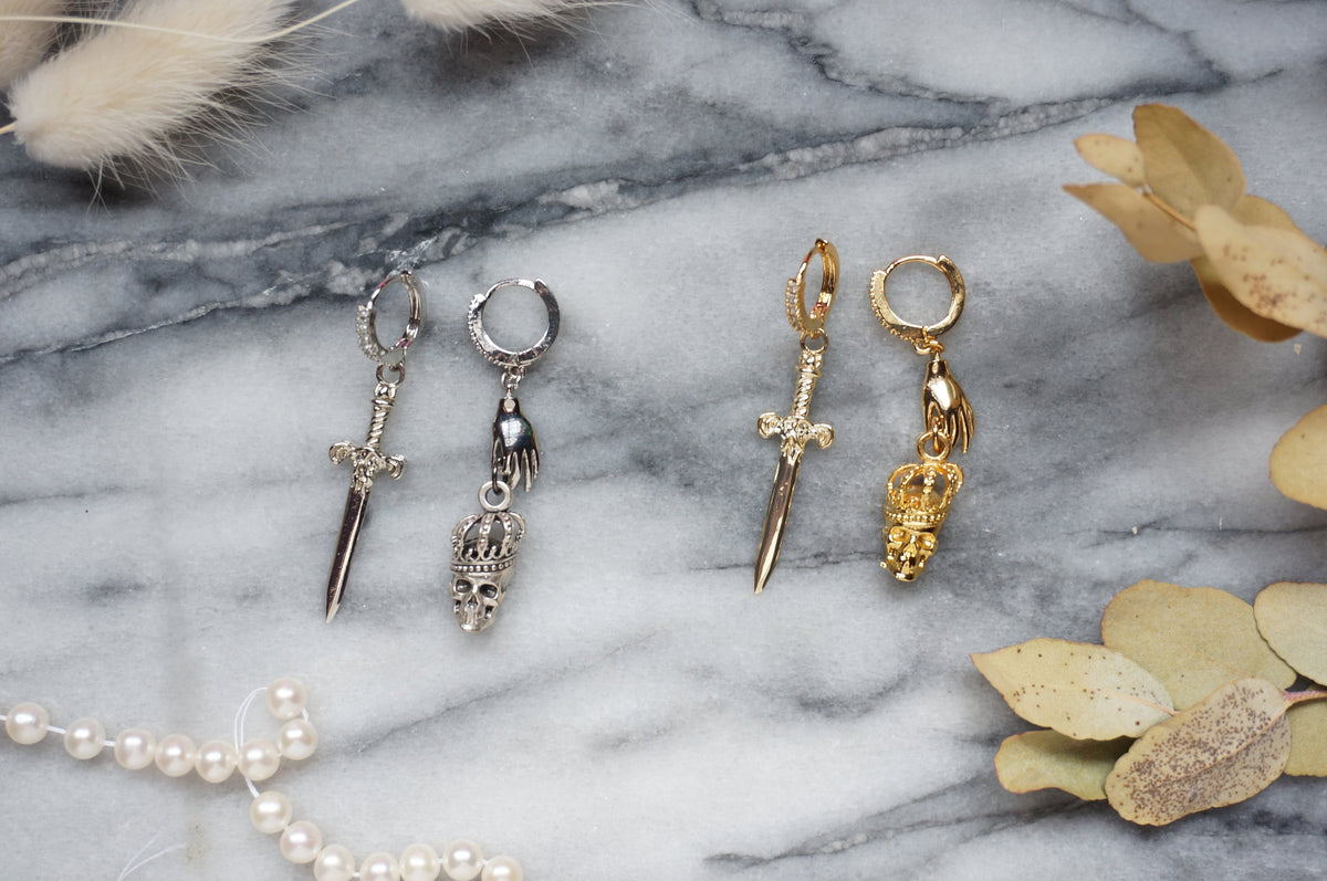 SPARROW Gold/Silver Dagger and Skull Mismatched Huggie Earrings/ Sword and Skull Earrings