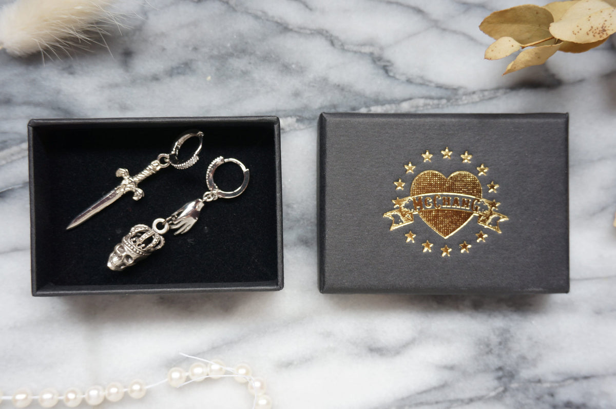 SPARROW Gold/Silver Dagger and Skull Mismatched Huggie Earrings/ Sword and Skull Earrings