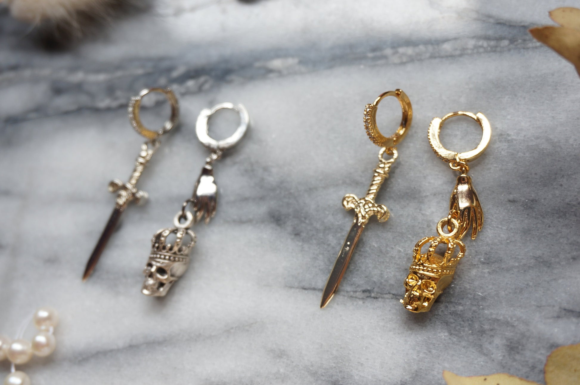 SPARROW Gold/Silver Dagger and Skull Mismatched Huggie Earrings/ Sword and Skull Earrings