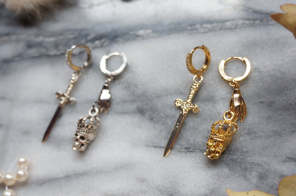 SPARROW Gold/Silver Dagger and Skull Mismatched Huggie Earrings/ Sword and Skull Earrings