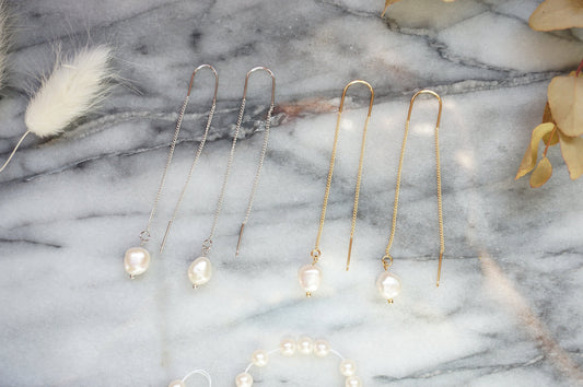 Gold/Silver Minimal Pearl Threader Earrings / Dainty Wedding Earrings