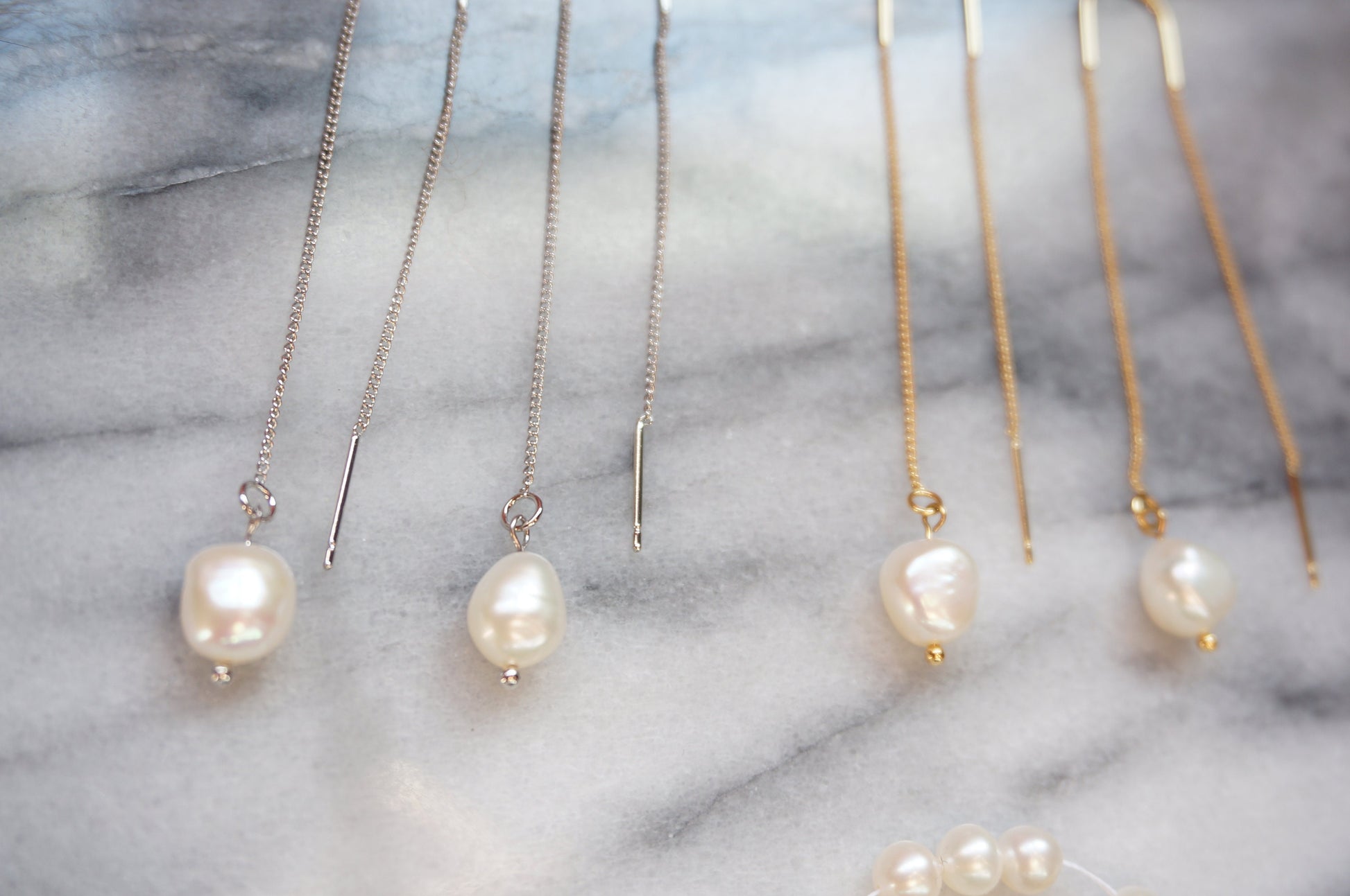 Gold/Silver Minimal Pearl Threader Earrings / Dainty Wedding Earrings
