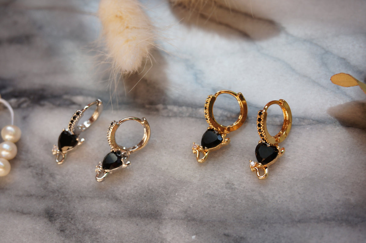 BEDAZZLED Gold/Silver Black Devil's Heart Mini Hoop/Huggie Earrings