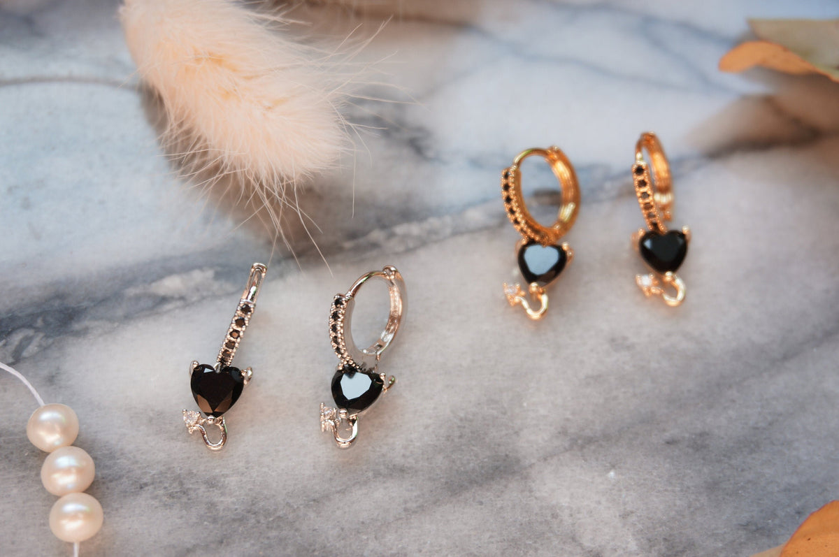 BEDAZZLED Gold/Silver Black Devil's Heart Mini Hoop/Huggie Earrings