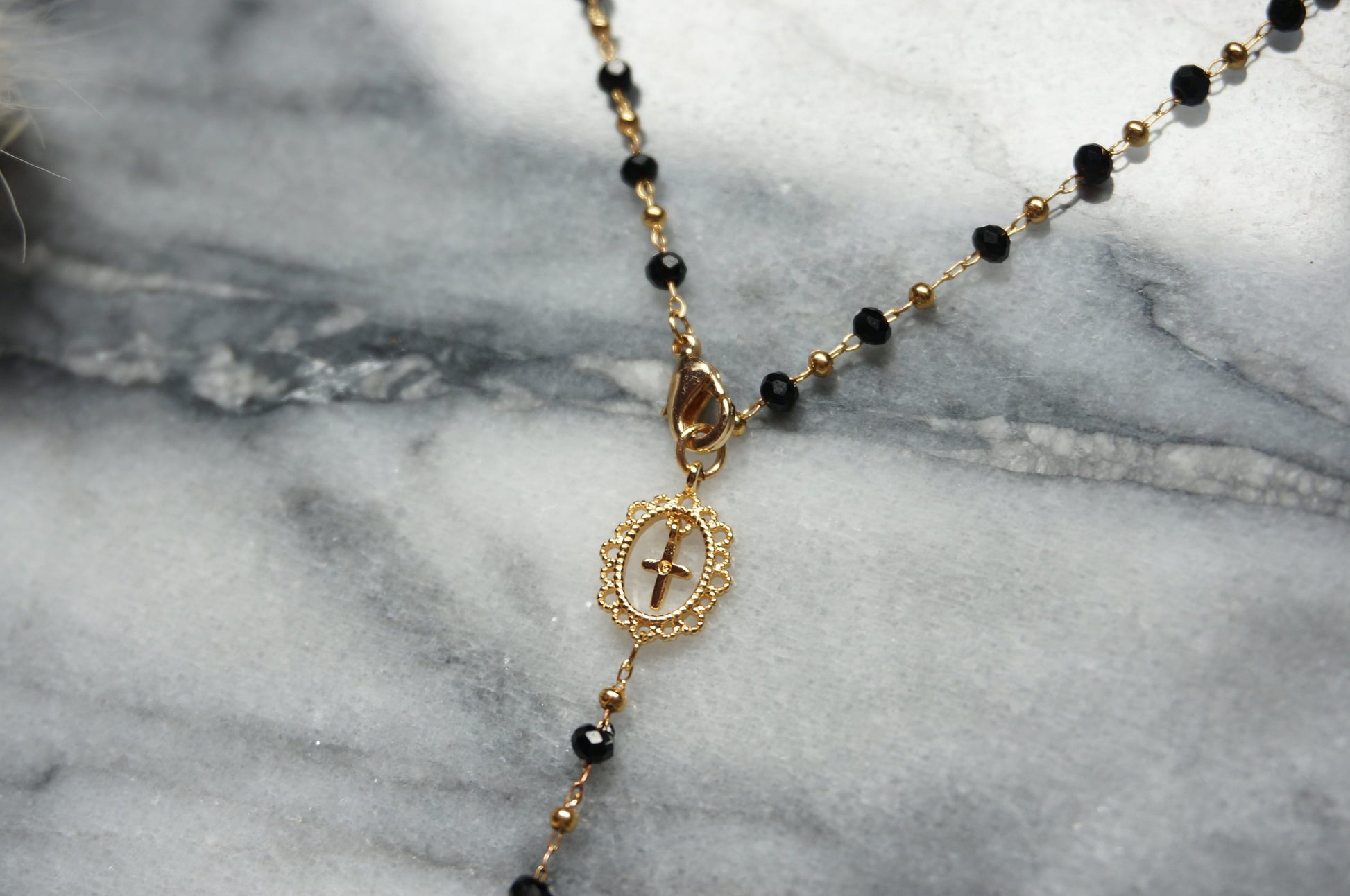 Black/Red/White and Gold Rosary Necklace / Cross Necklace /Lariat Necklace