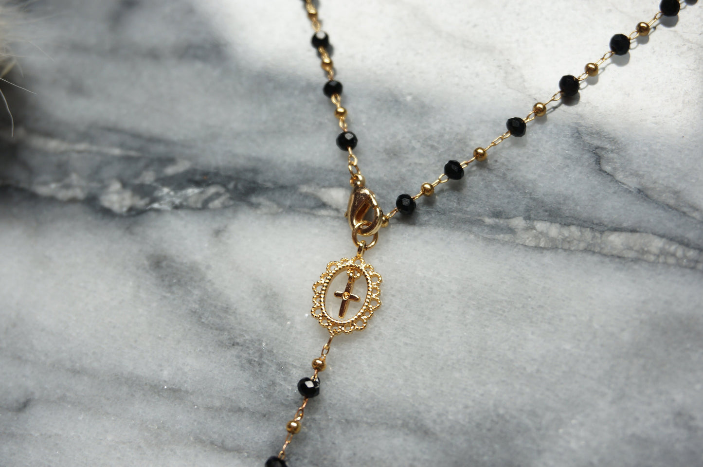Black/Red/White and Gold Rosary Necklace / Cross Necklace /Lariat Necklace