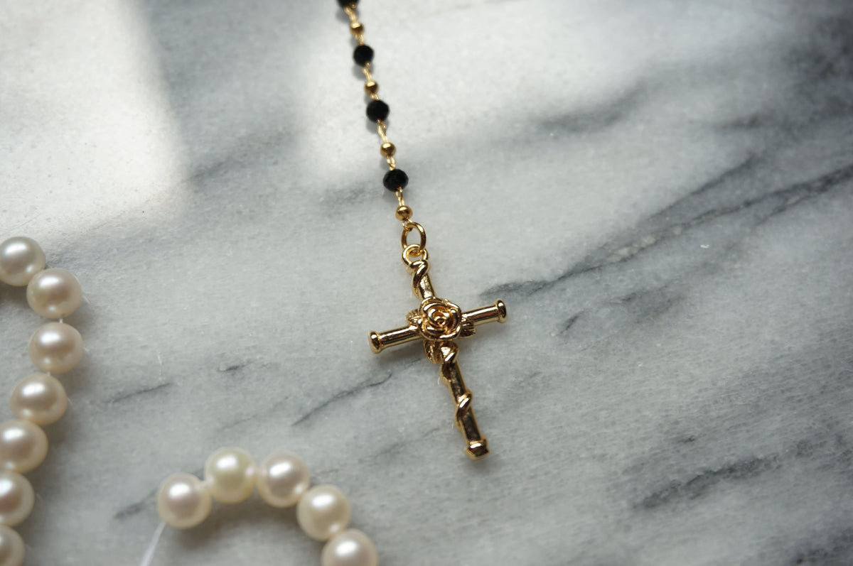 Black/Red/White & Gold Rosary Style Necklace, 24k Gold Plated Cross Lariat