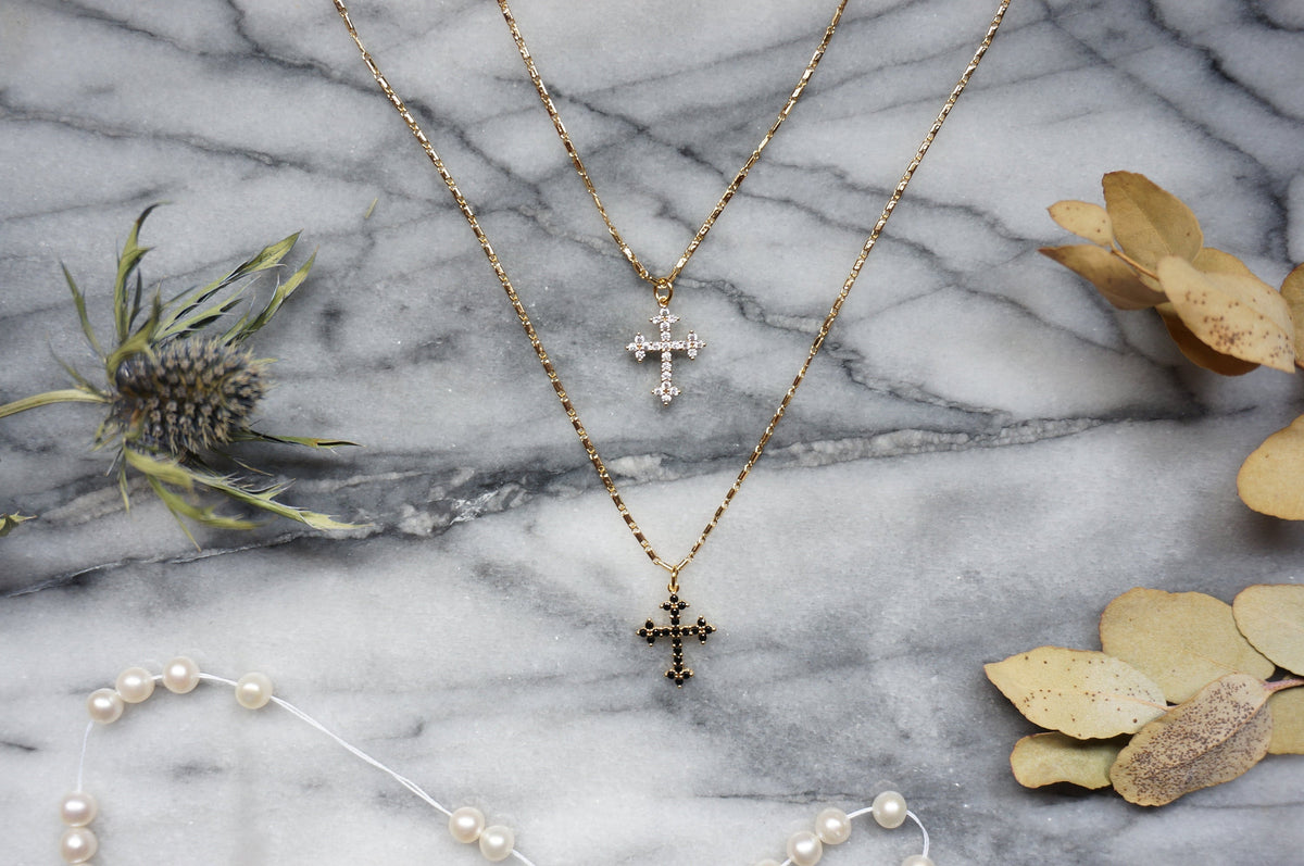 Dainty Cross Necklace: 24k Gold Plated, Antique Style, Black Cubic Zirconia