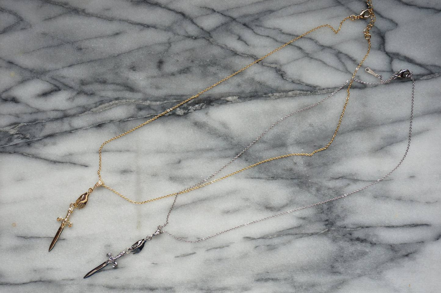 Gold/Silver Queen of Swords Tarot Necklace / Dagger Necklace / Tarot hand Dainty Necklace