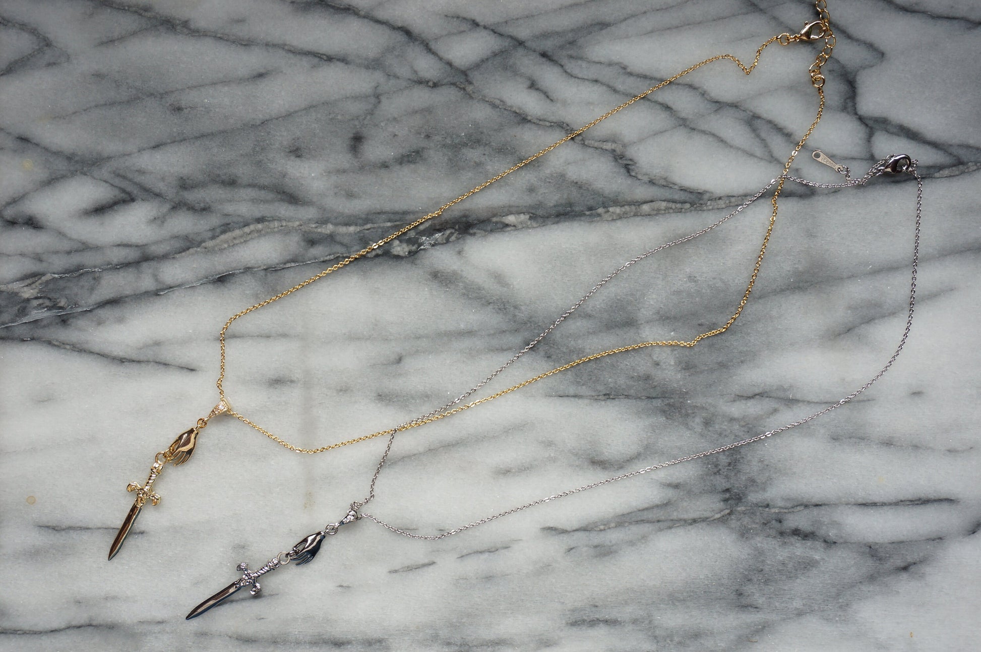 Gold/Silver Queen of Swords Tarot Necklace / Dagger Necklace / Tarot hand Dainty Necklace
