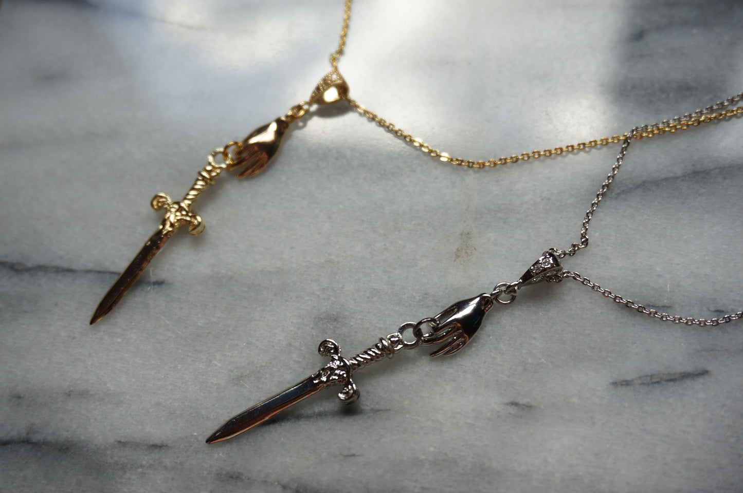 Gold/Silver Queen of Swords Tarot Necklace / Dagger Necklace / Tarot hand Dainty Necklace