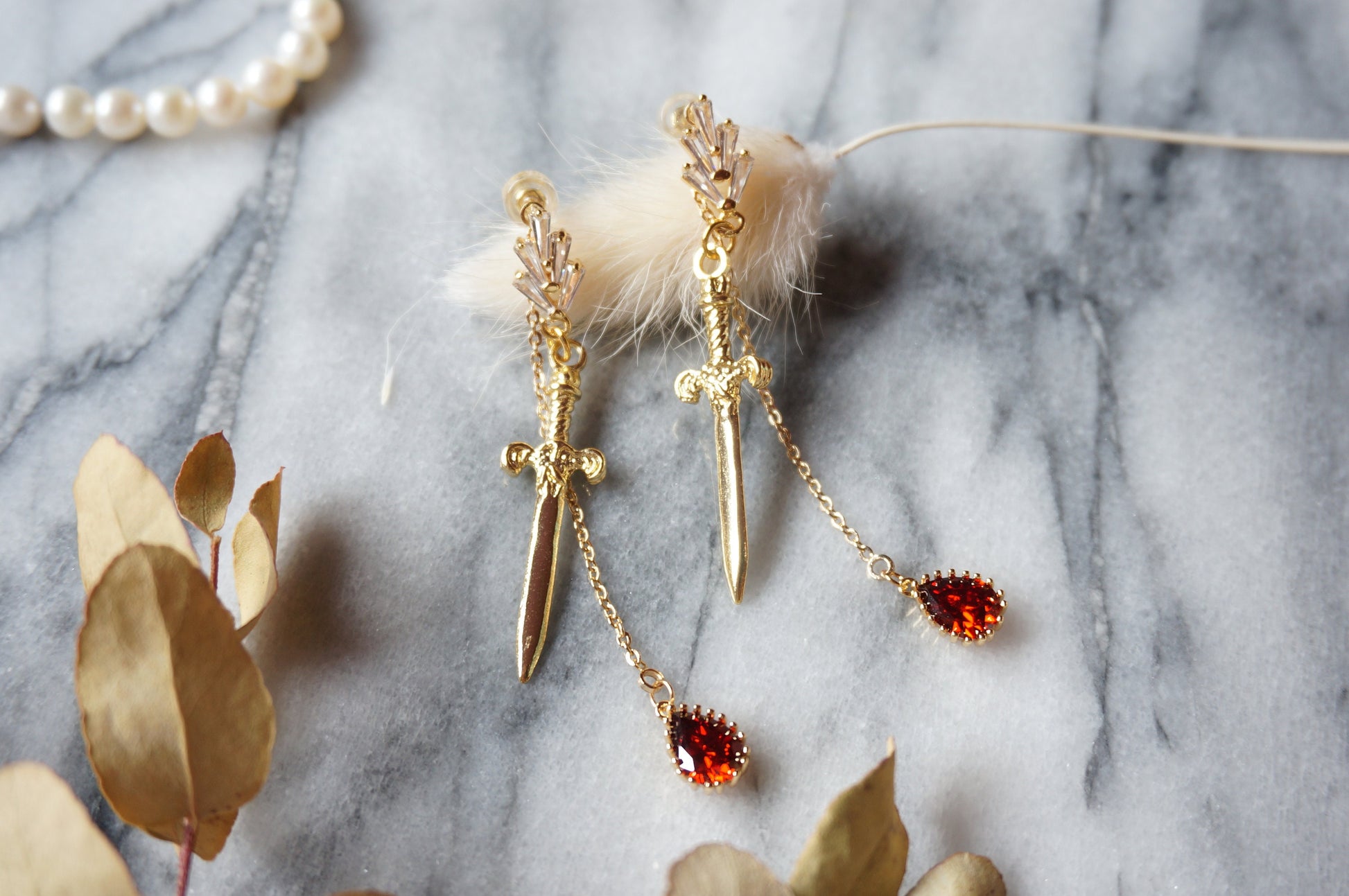 Sword and Blood Drop Dangle 2 Way Earrings / Gold,Silver, Black Deep Red Teardrop Earrings