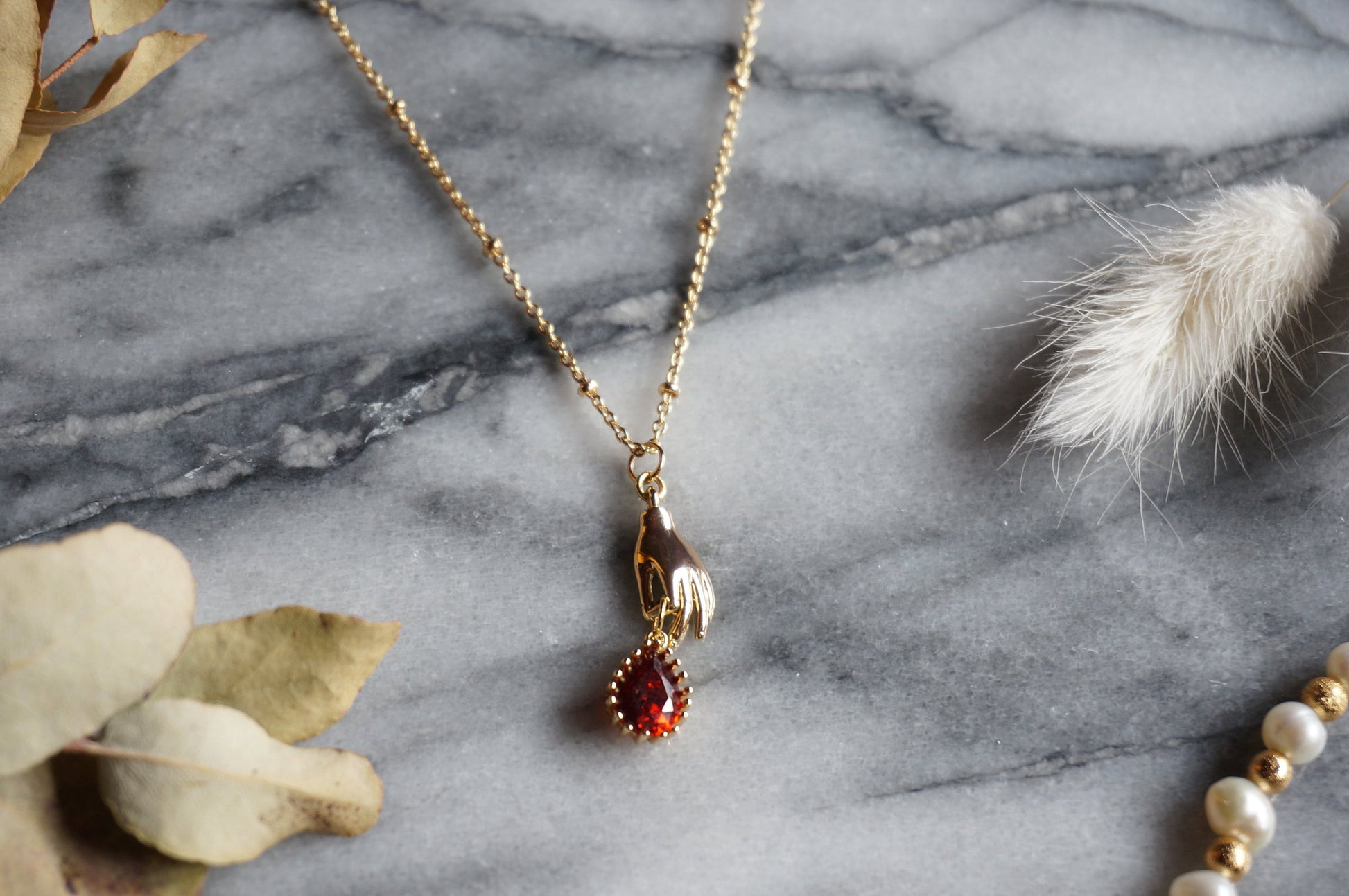 SCARLET Gold/Silver Dainty Hand and Red Gem Necklace / Hand and Blood Drop Necklace