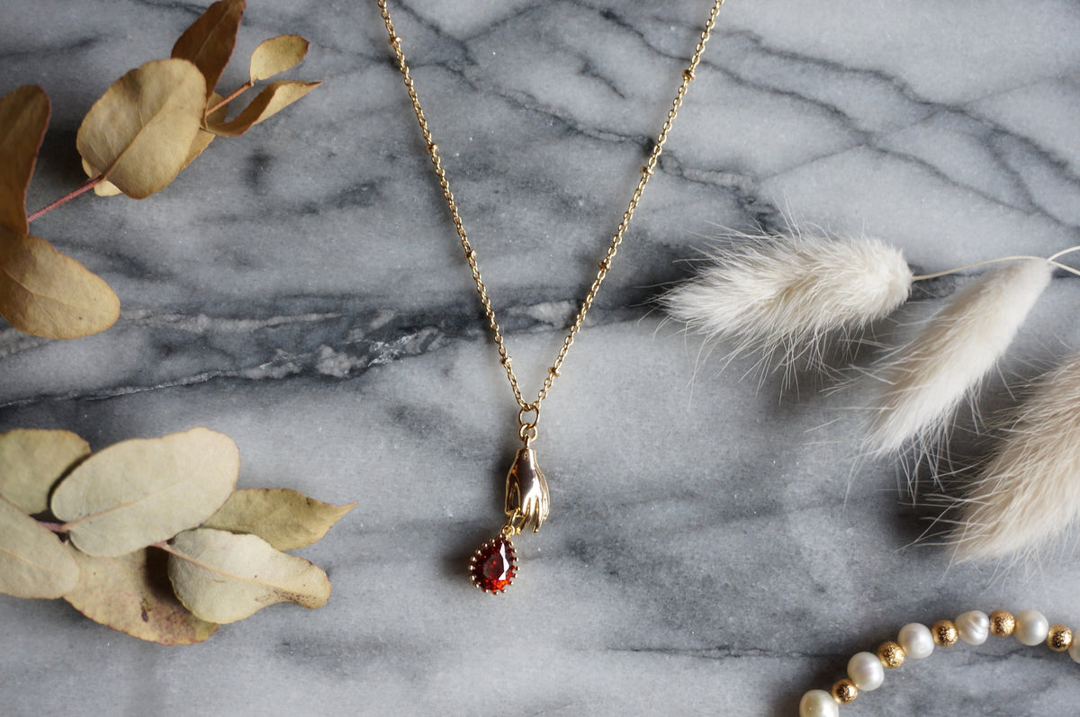 SCARLET Gold/Silver/Gunmetal Dainty Hand and Red Gem Necklace / Hand and Blood Drop Necklace