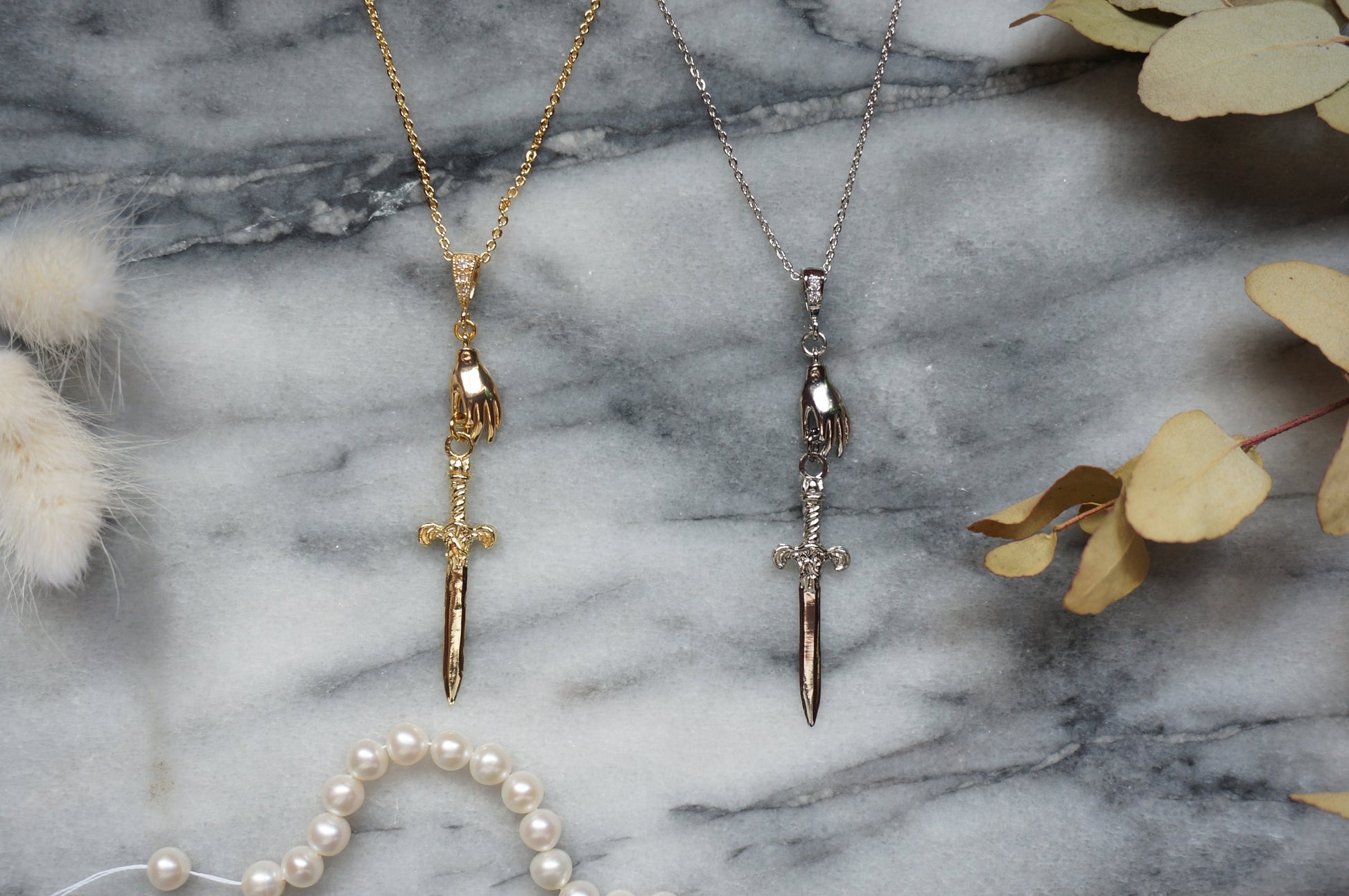 Gold/Silver Queen of Swords Tarot Necklace / Dagger Necklace / Tarot hand Dainty Necklace
