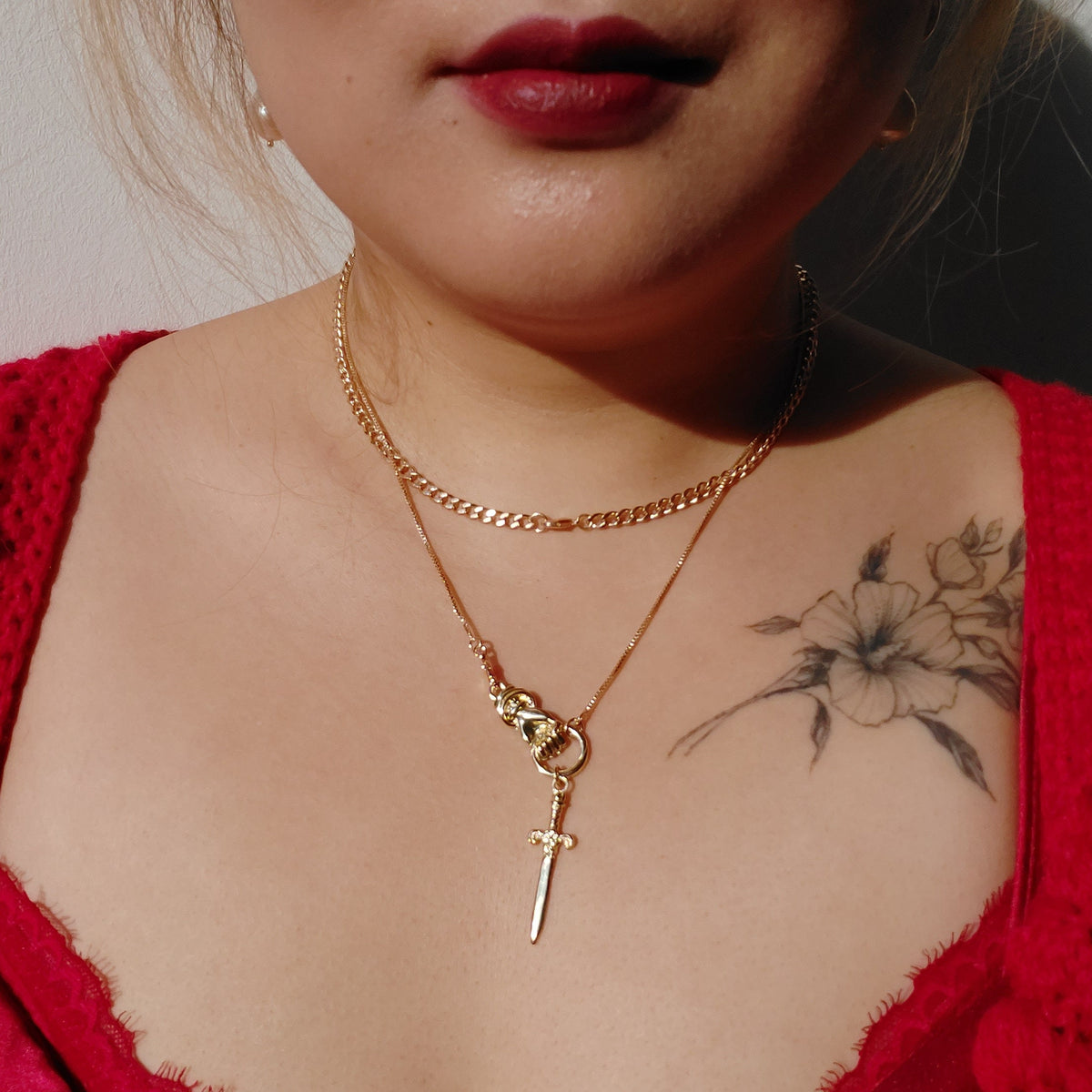 THE HAND Hand Holding Sword Necklace: Gold, Silver, Black Plated Brass Statement Pendant