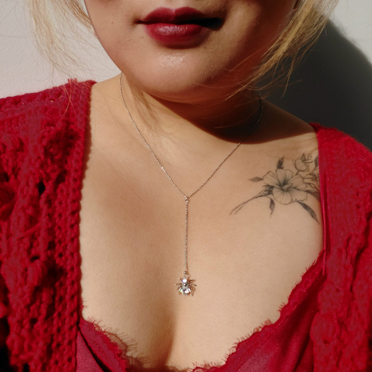 ARAGOG Spider Lariat Necklace, Gold Platinum Plated Brass, Spooky Glam Jewelry