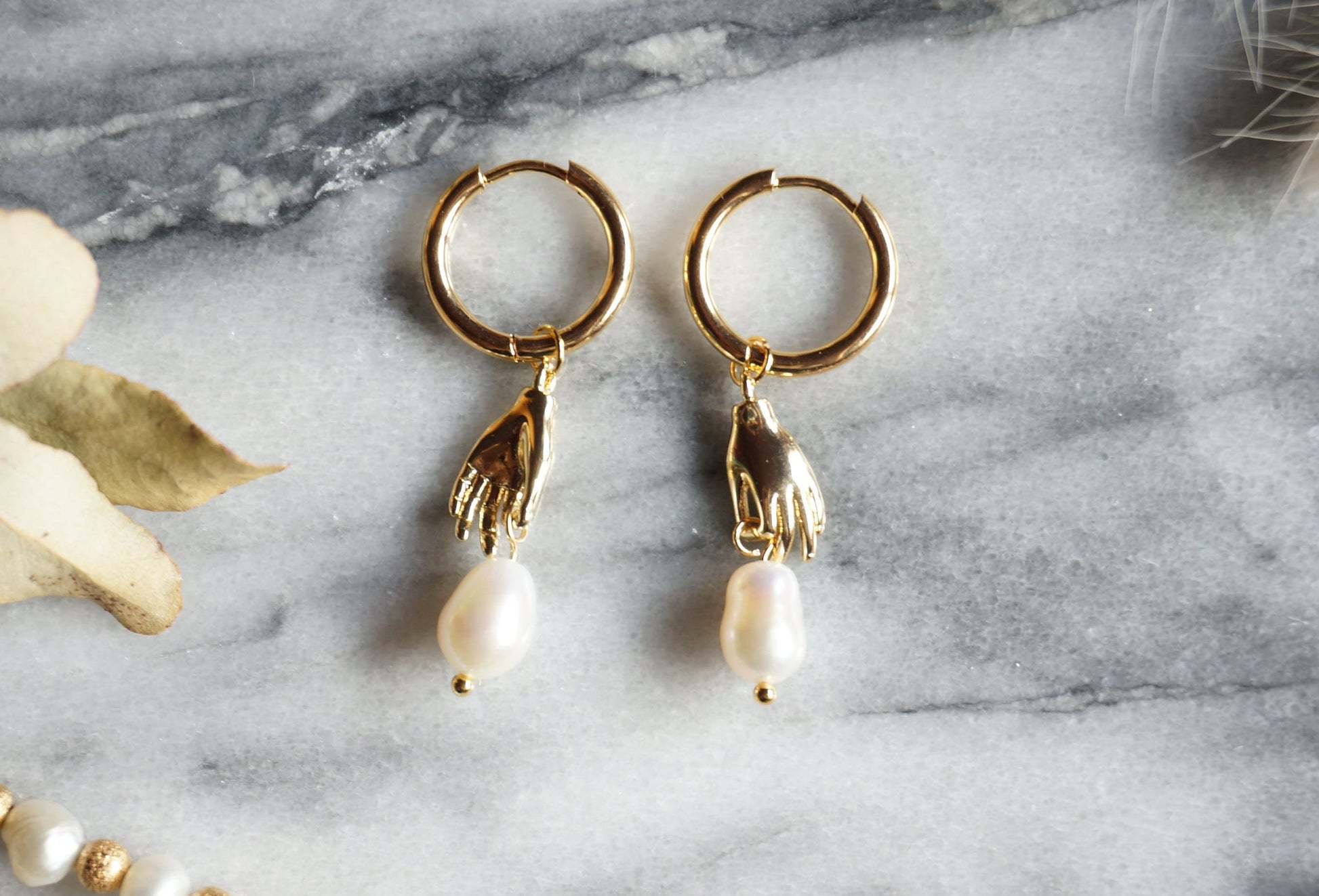 HAND-PICKED Teardrop Baroque Pearl and hand Hoop Earrings / Freshwater Pearl/peacock dyed Unique Hoop Earrings