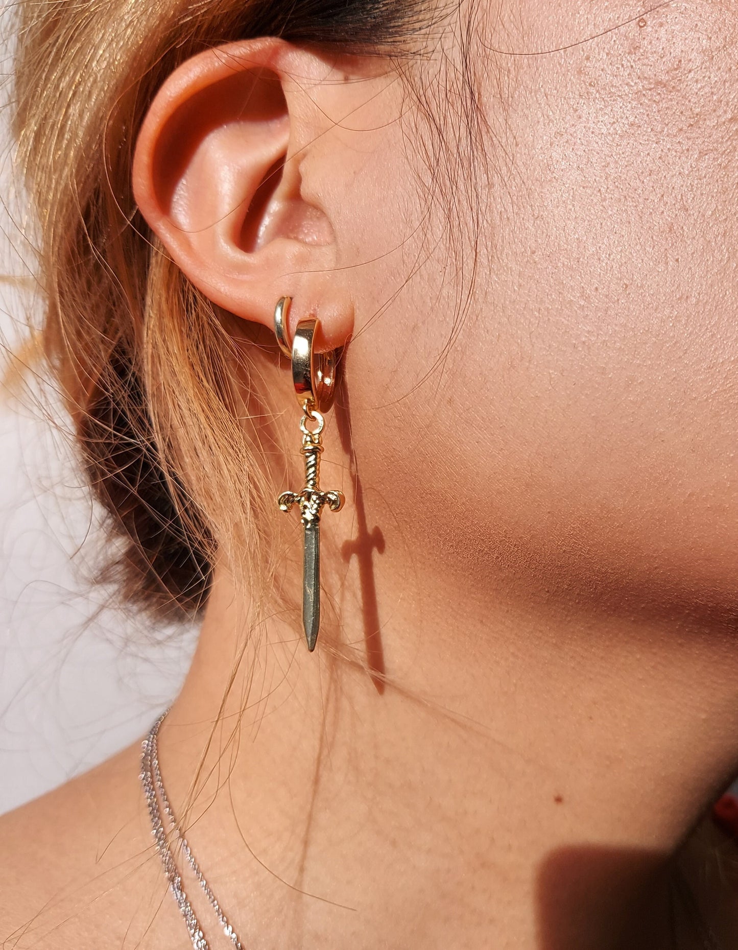 THE HAND Gold Sword and Teardrop Mismatched Huggie Earrings / Red Teardrop Earrings
