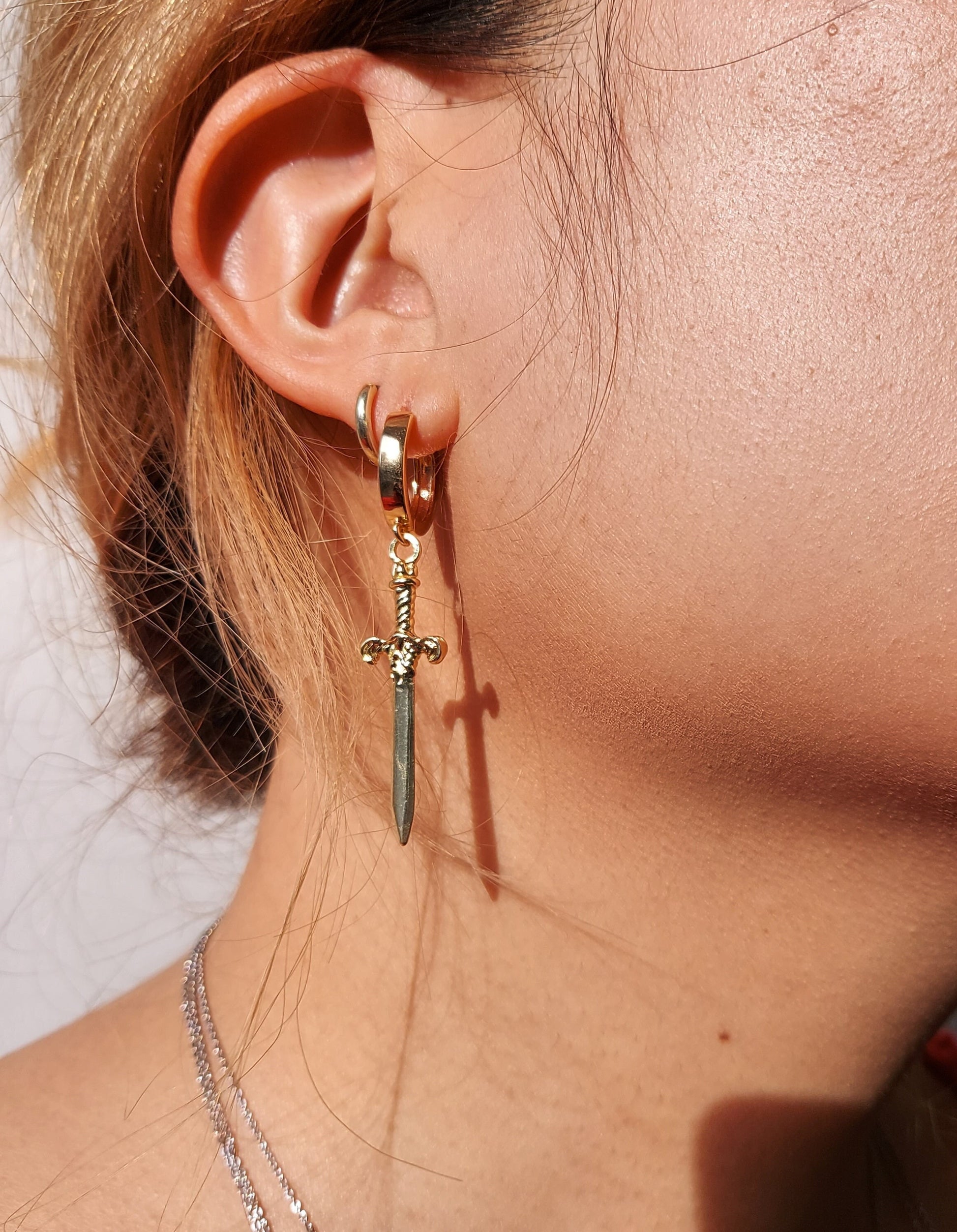 THE HAND Gold Sword and Teardrop Mismatched Huggie Earrings / Red Teardrop Earrings