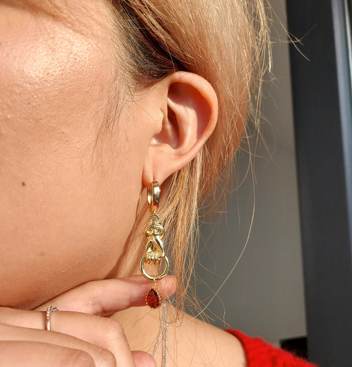 THE HAND Gold Sword and Teardrop Mismatched Huggie Earrings / Red Teardrop Earrings