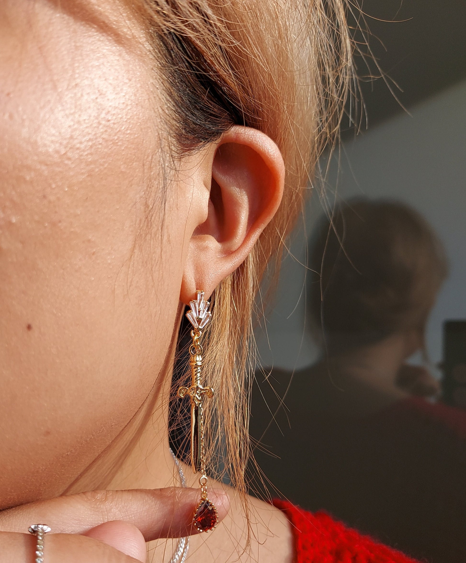 Sword and Blood Drop Dangle 2 Way Earrings / Gold,Silver, Black Deep Red Teardrop Earrings