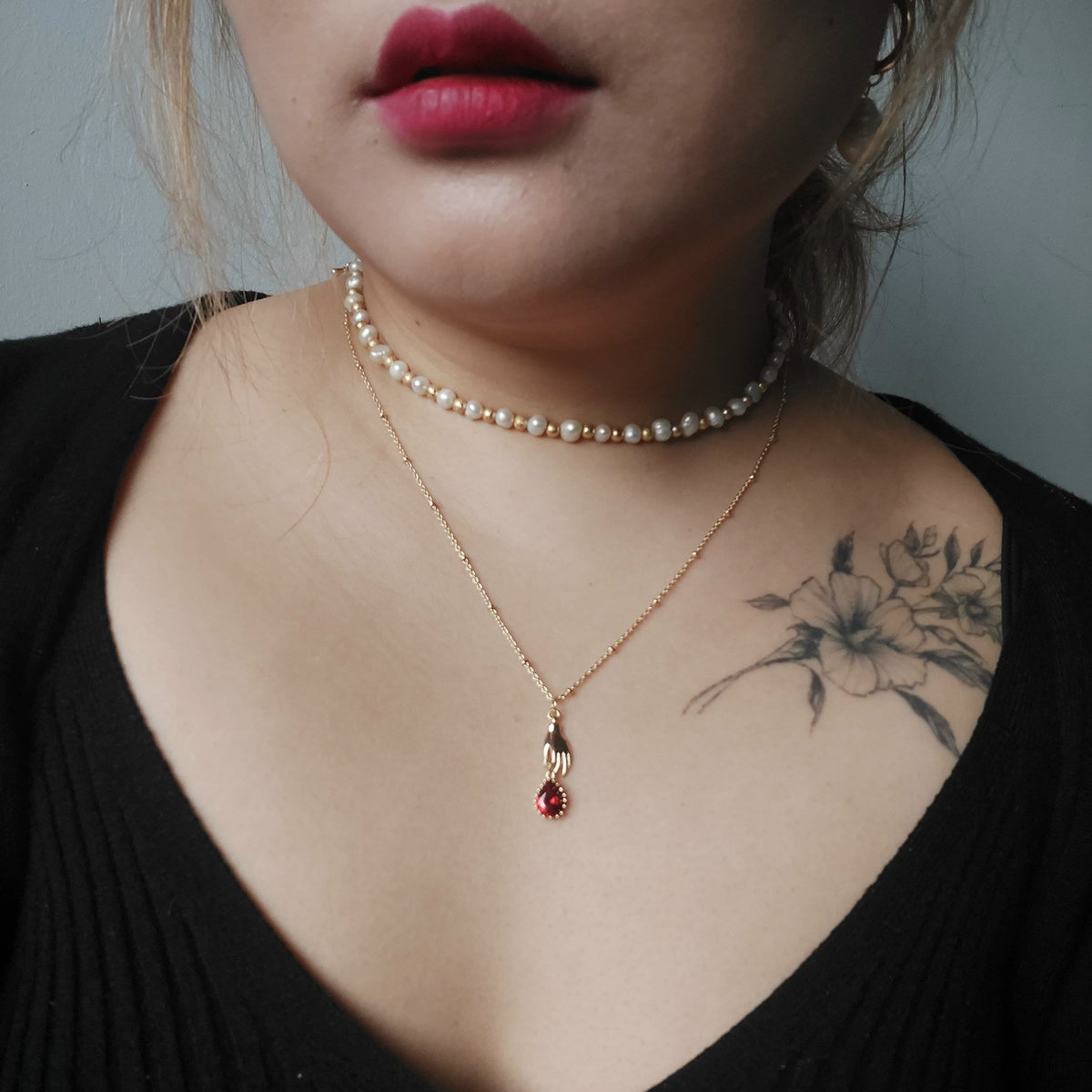 SCARLET Gold/Silver/Gunmetal Dainty Hand and Red Gem Necklace / Hand and Blood Drop Necklace