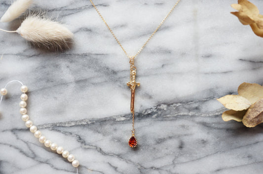 Sword and Blood Drop Necklace / Gold or Silver, Black Deep Red Teardrop Necklace