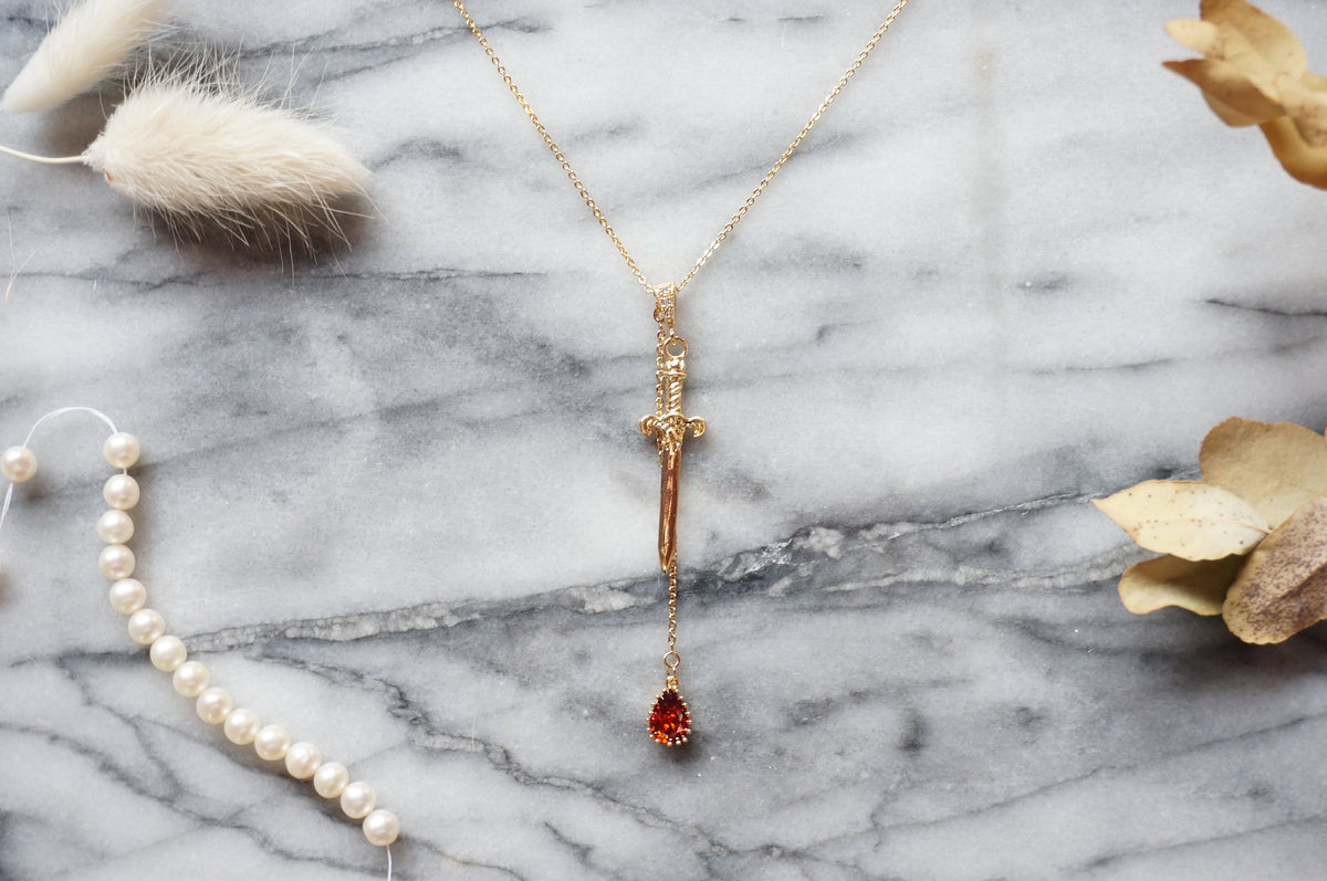 Sword and Blood Drop Necklace / Gold or Silver, Black Deep Red Teardrop Necklace