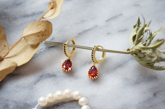 RUBY Gold/Silver/Black Red Teardrop Huggie Earrings with Black Cubic