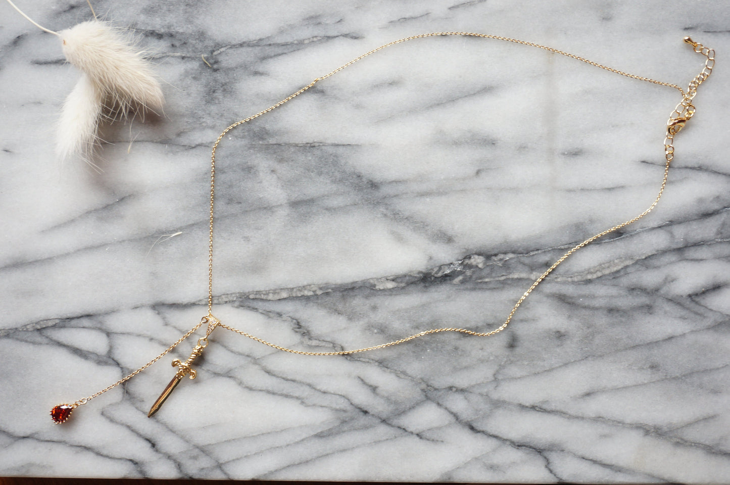 Sword and Blood Drop Necklace / Gold or Silver, Black Deep Red Teardrop Necklace