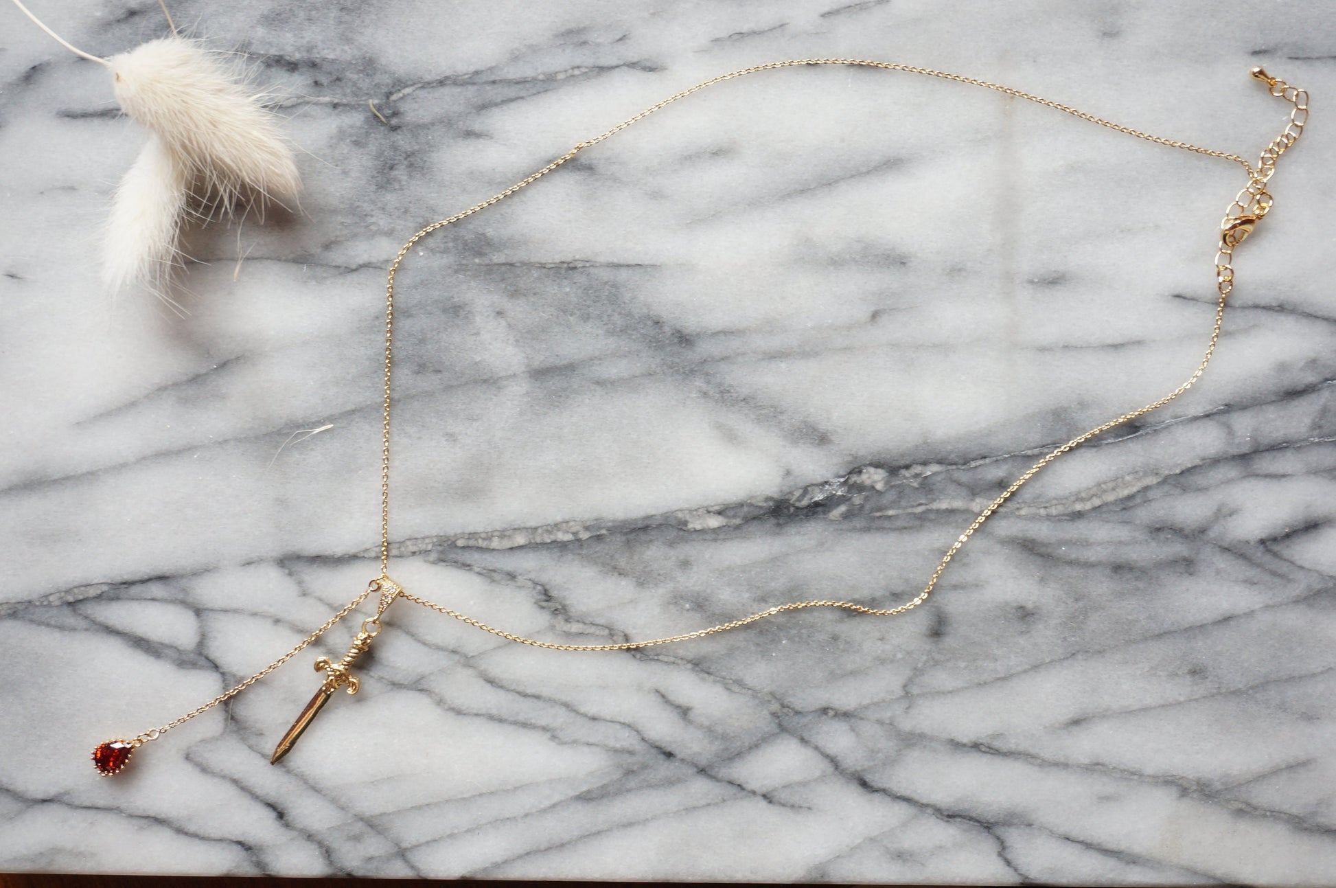 Sword and Blood Drop Necklace / Gold or Silver, Black Deep Red Teardrop Necklace