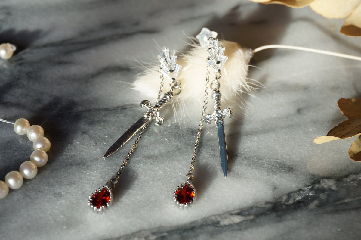 Sword and Blood Drop Dangle Earrings, Gold, Silver, Black Plated Brass