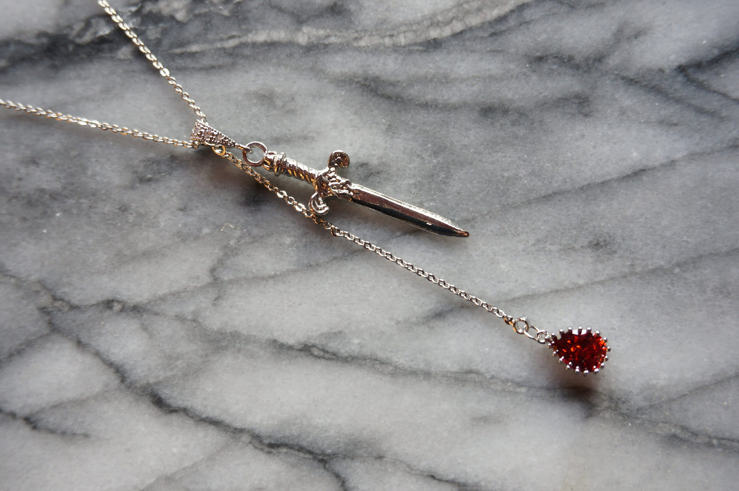 Sword and Blood Drop Necklace / Gold or Silver, Black Deep Red Teardrop Necklace