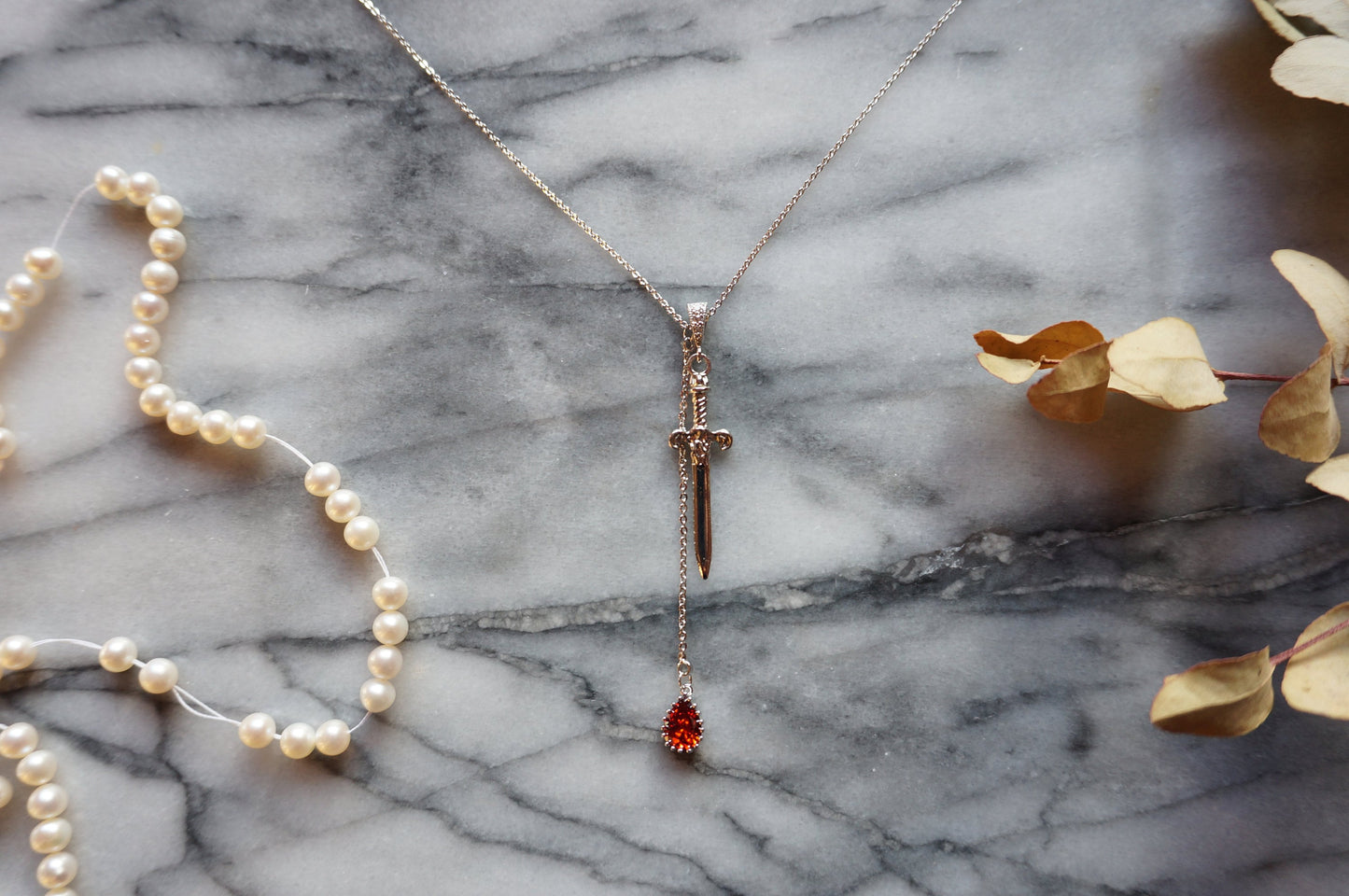 Sword and Blood Drop Necklace / Gold or Silver, Black Deep Red Teardrop Necklace